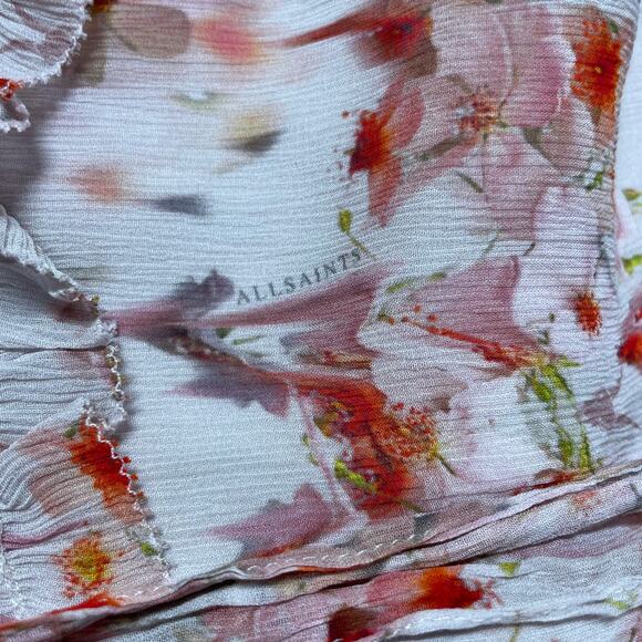 Allsaints NWT Ava Momo Floral Long Sleeve Ruffle Dress Size 2 Sheer Crinkle Pink - Picture 13 of 13